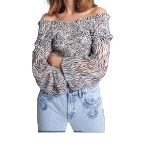 One Teaspoon Women's Zebra Animal Print Bardot Cross Over Top Blouse Size XS